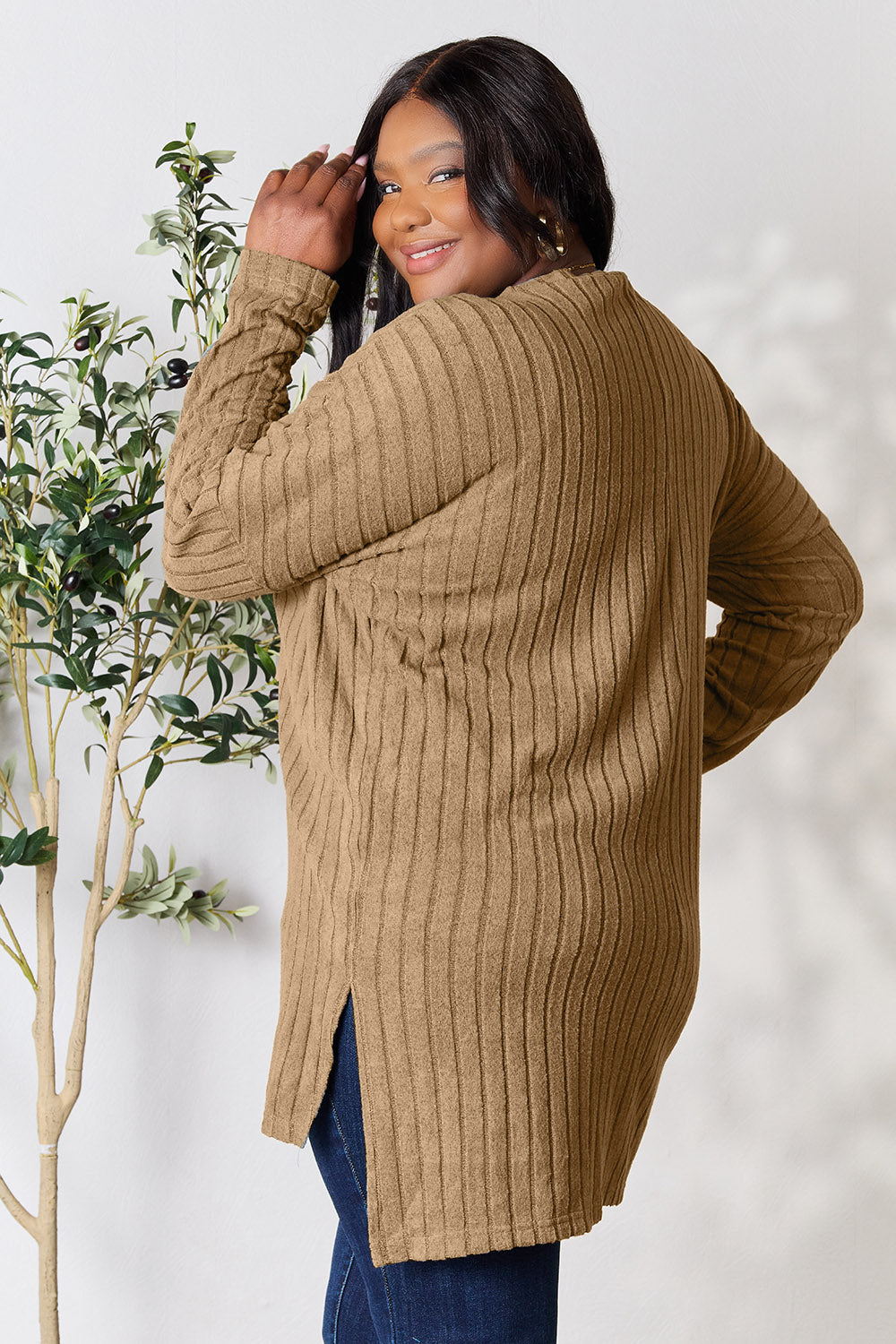 Ribbed Round Neck Long Sleeve Slit Sweater