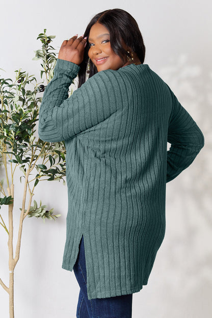 Ribbed Round Neck Long Sleeve Slit Sweater