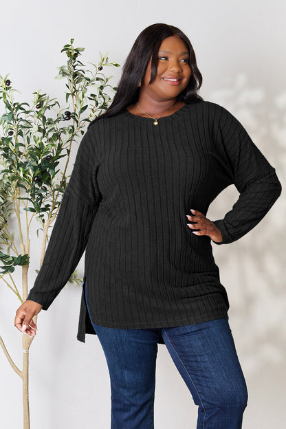 Ribbed Round Neck Long Sleeve Slit Sweater