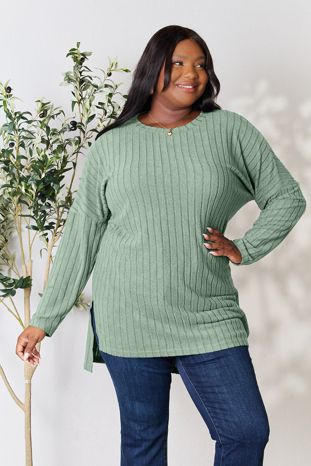 Ribbed Round Neck Long Sleeve Slit Sweater