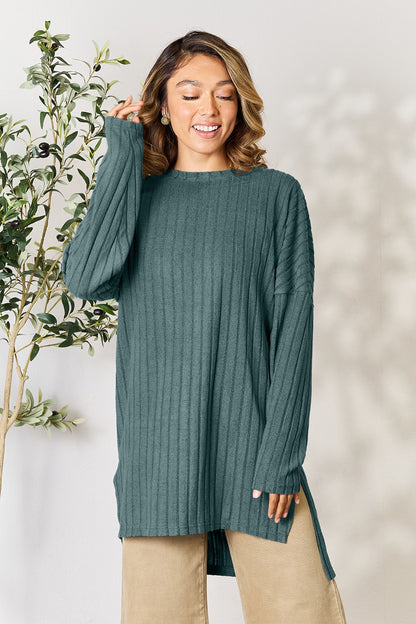 Ribbed Round Neck Long Sleeve Slit Sweater