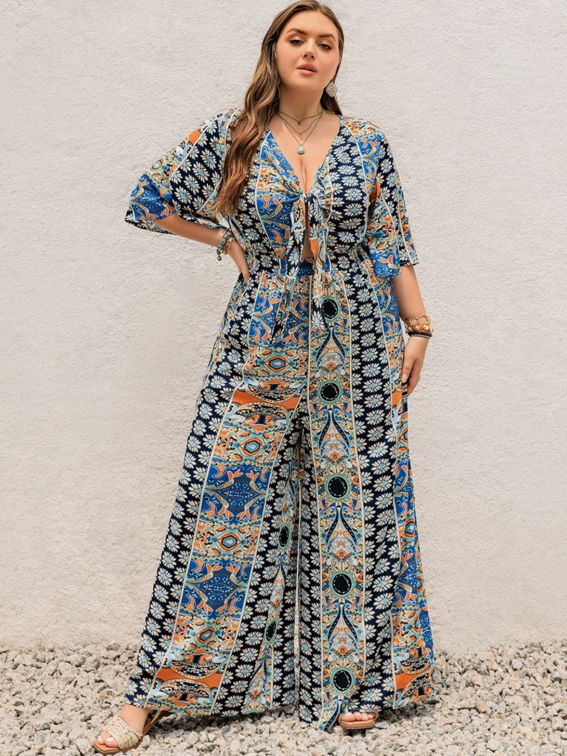 Printed Half Sleeve Wide Leg Jumpsuit