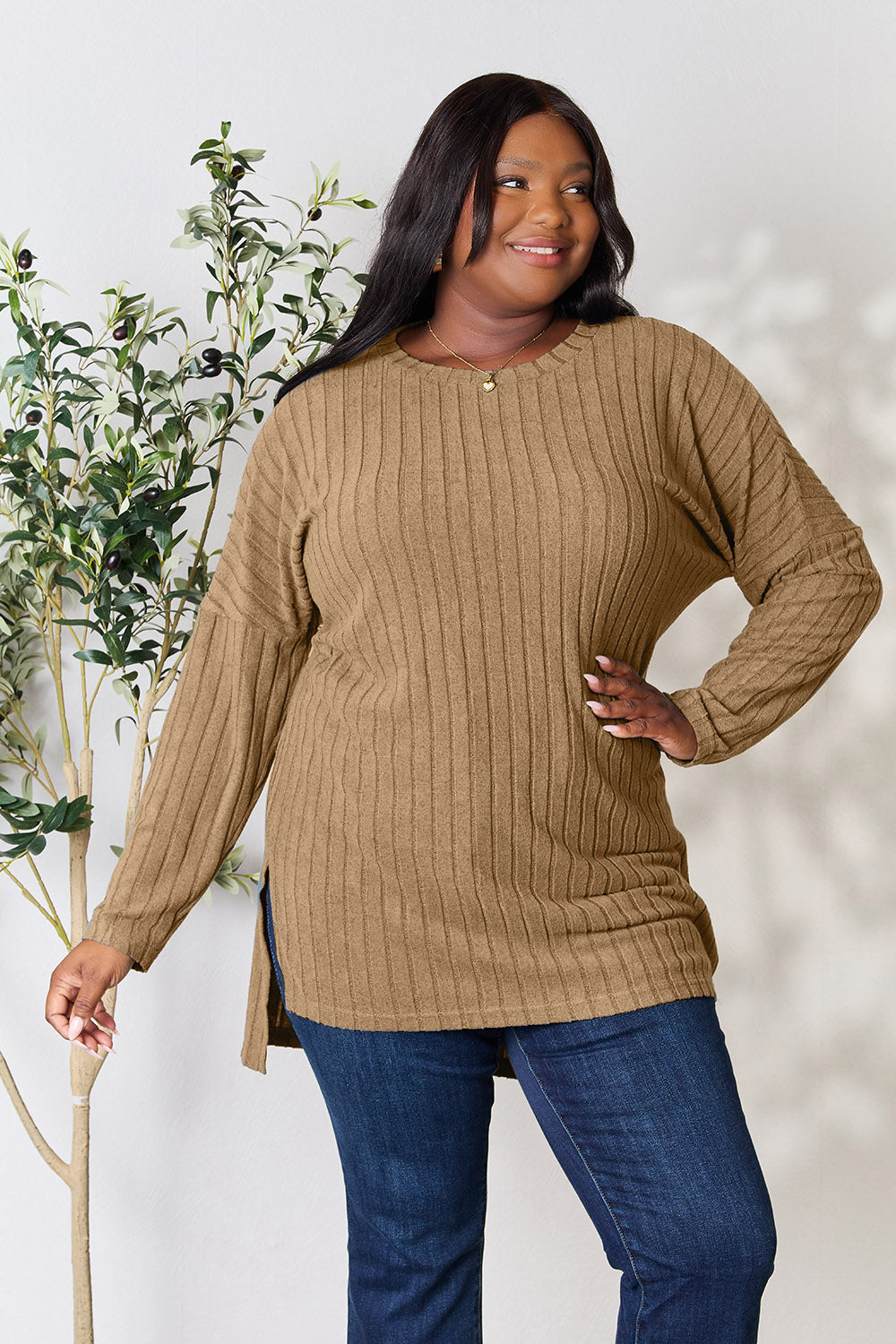 Ribbed Round Neck Long Sleeve Slit Sweater