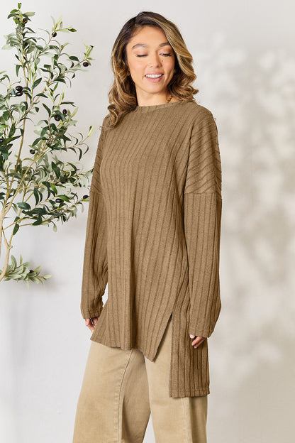 Ribbed Round Neck Long Sleeve Slit Sweater