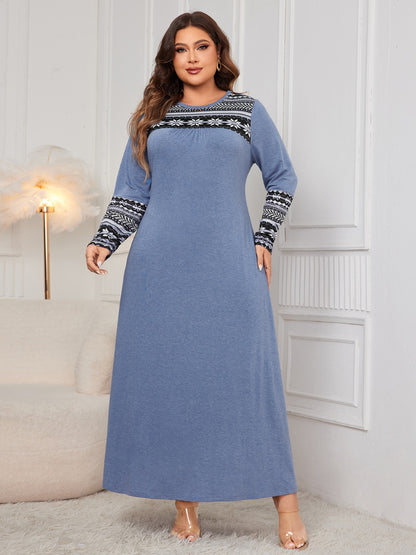 Honey Printed Round Neck Long Sleeve Dress