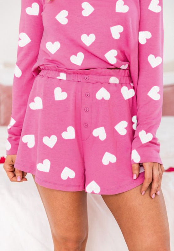 Heart Long Sleeve Top and Elastic Waist Shorts Set
