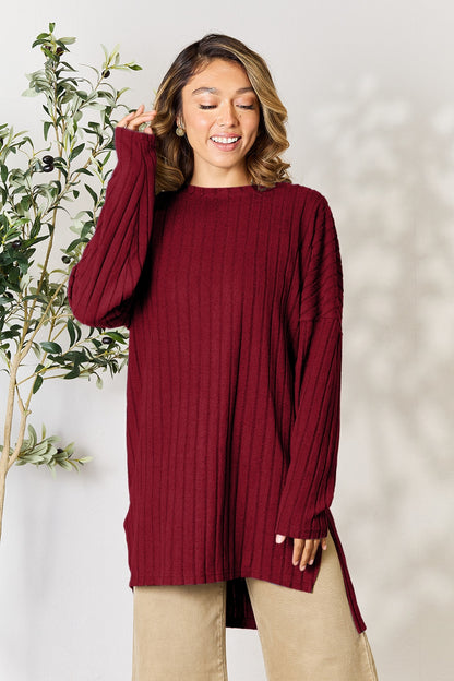 Ribbed Round Neck Long Sleeve Slit Sweater