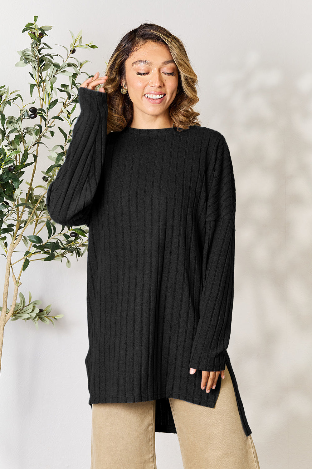 Ribbed Round Neck Long Sleeve Slit Sweater