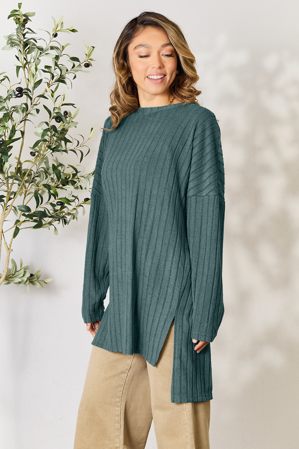 Ribbed Round Neck Long Sleeve Slit Sweater