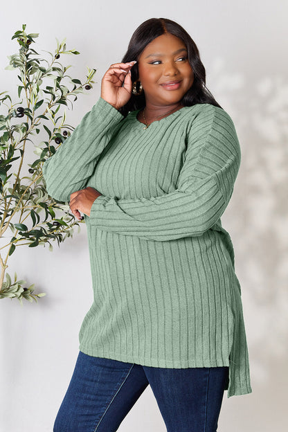 Ribbed Round Neck Long Sleeve Slit Sweater