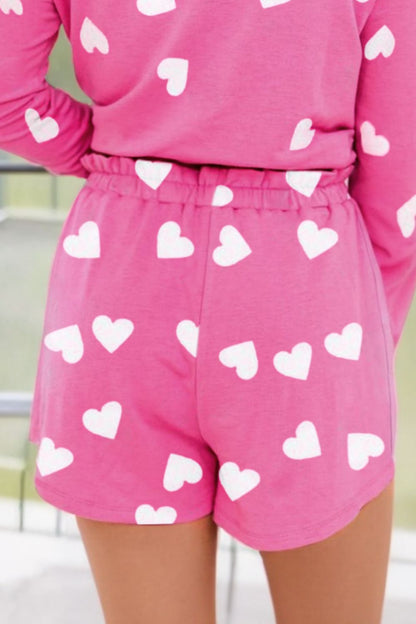 Heart Long Sleeve Top and Elastic Waist Shorts Set