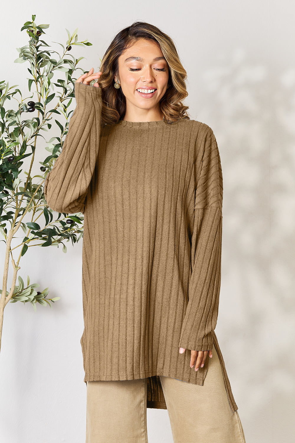 Ribbed Round Neck Long Sleeve Slit Sweater