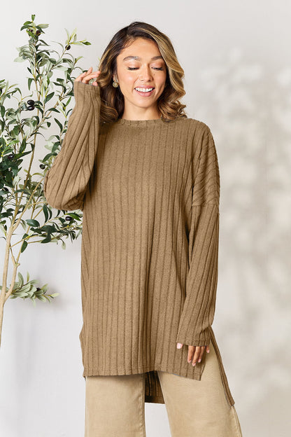 Ribbed Round Neck Long Sleeve Slit Sweater