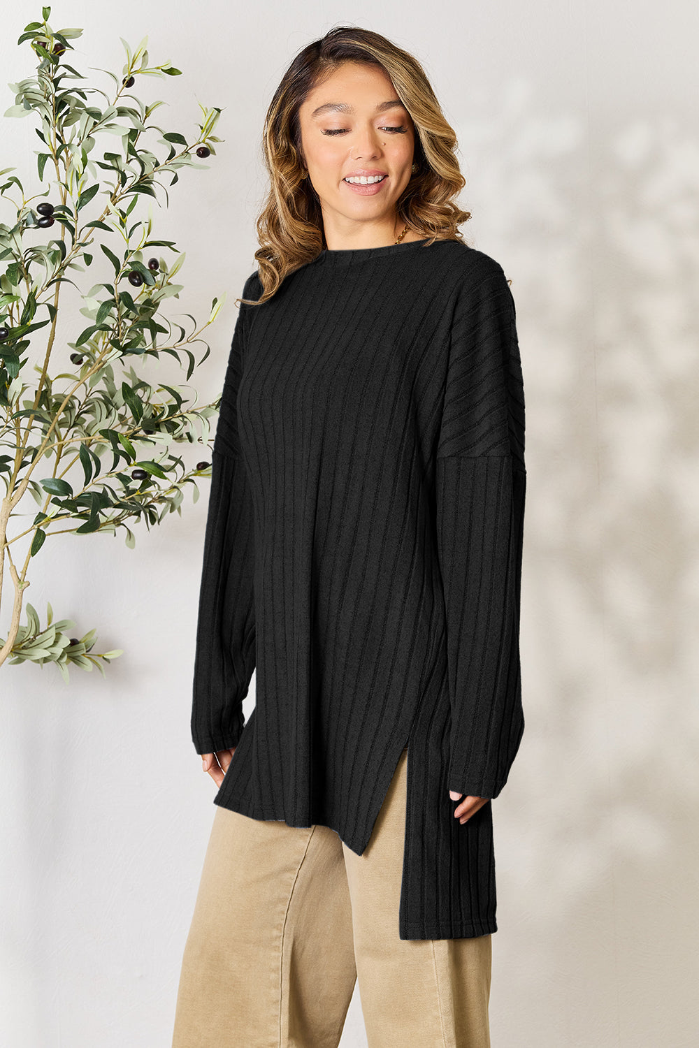 Ribbed Round Neck Long Sleeve Slit Sweater