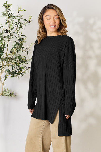 Ribbed Round Neck Long Sleeve Slit Sweater