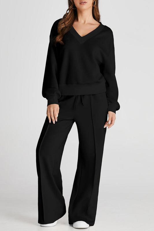 V-Neck Long Sleeve Top and Pants Set