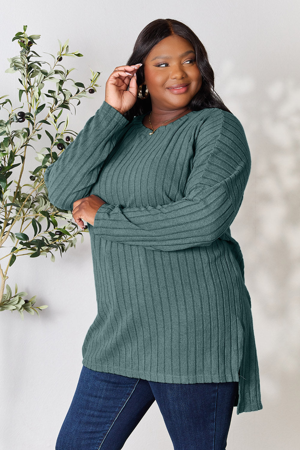Ribbed Round Neck Long Sleeve Slit Sweater