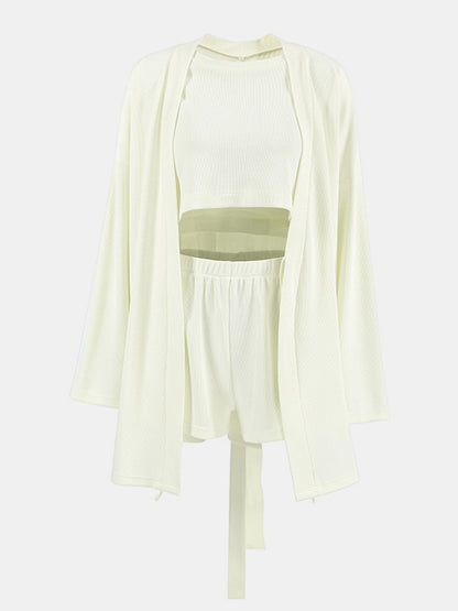 Waffle-Knit Round Neck T-Shirt, Cardigan Shorts Set