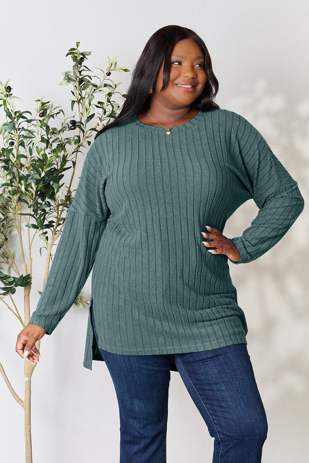 Ribbed Round Neck Long Sleeve Slit Sweater