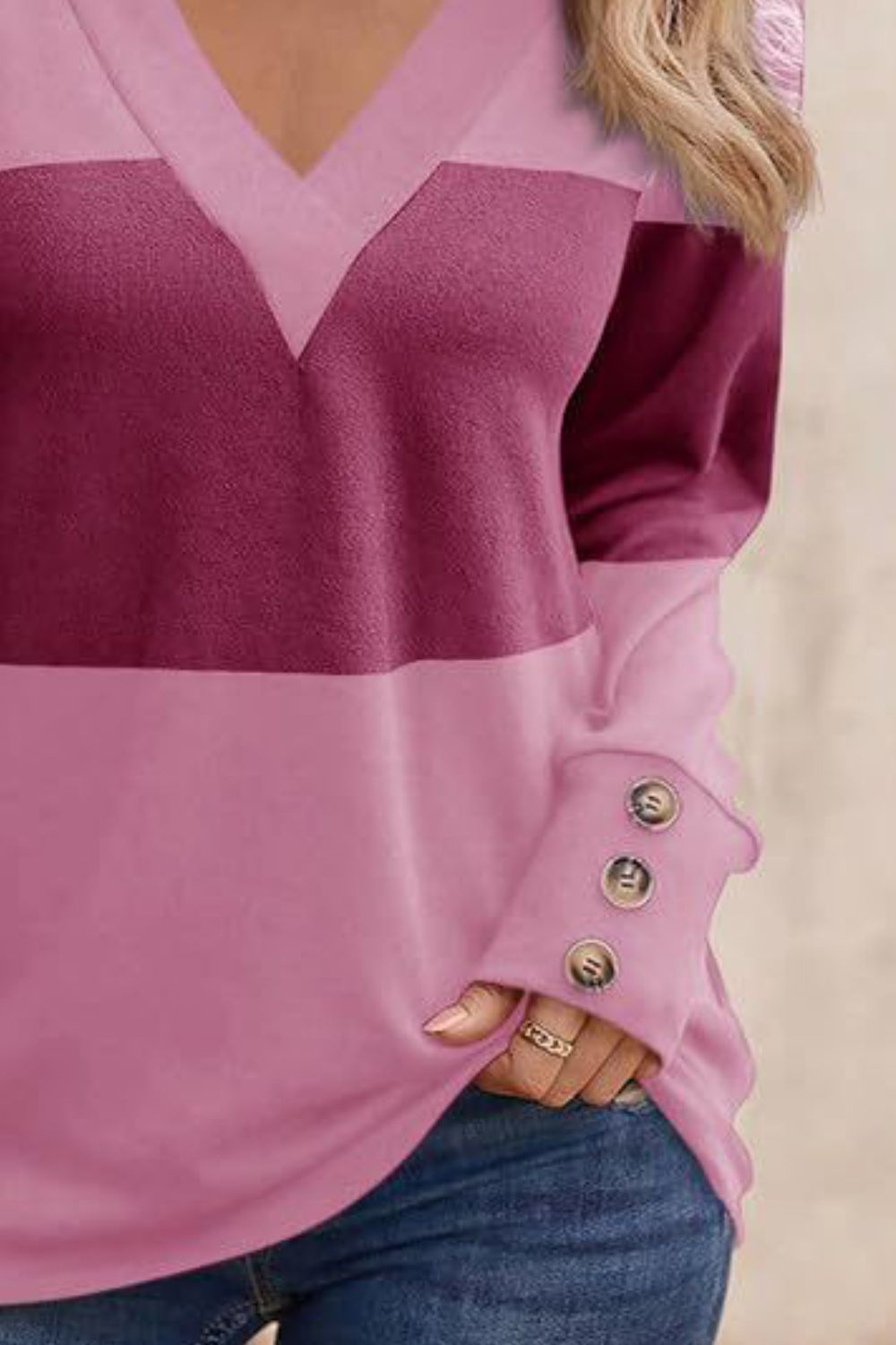 Decorative Button Contrast V-Neck Long Sleeve Sweater