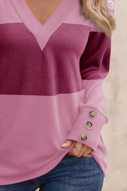 Decorative Button Contrast V-Neck Long Sleeve Sweater