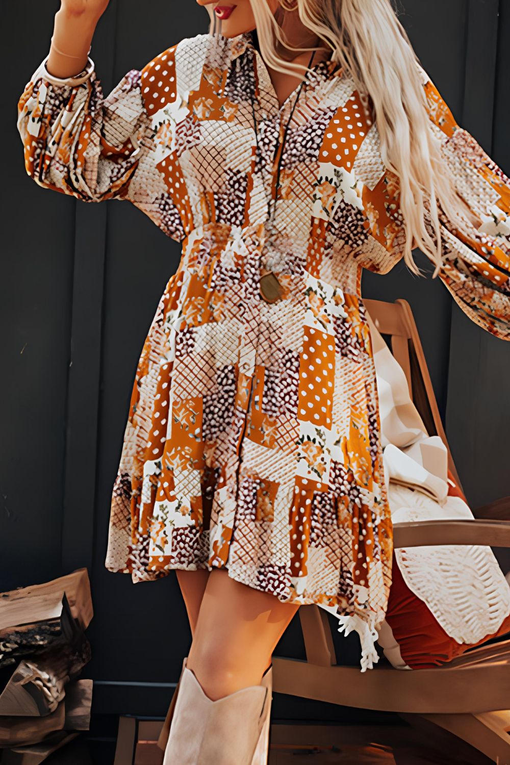 Three-Quarter Sleeve Mini Shirt Dress