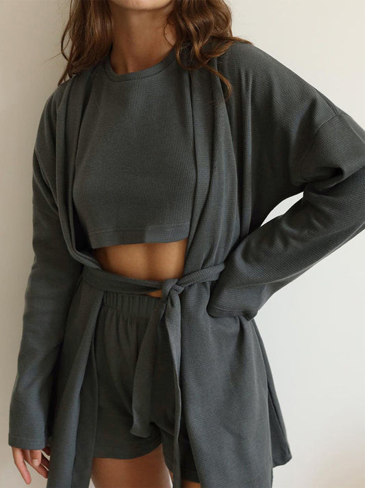 Waffle-Knit Round Neck T-Shirt, Cardigan Shorts Set
