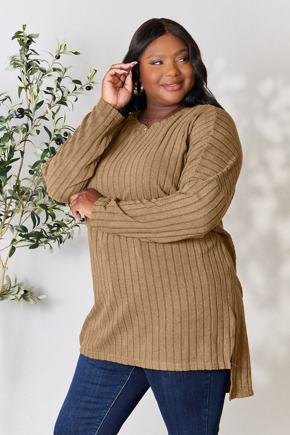 Ribbed Round Neck Long Sleeve Slit Sweater