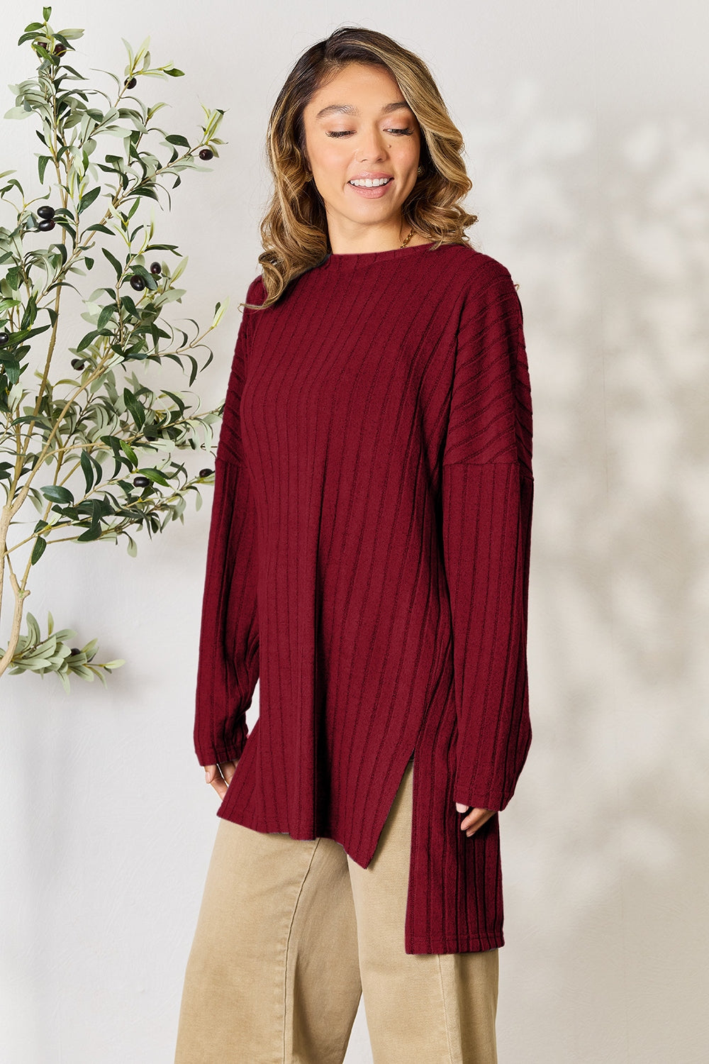 Ribbed Round Neck Long Sleeve Slit Sweater