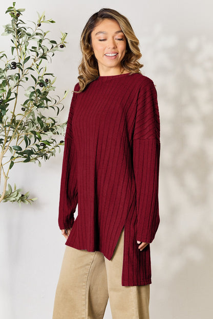 Ribbed Round Neck Long Sleeve Slit Sweater