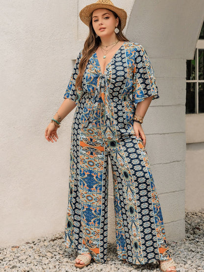 Printed Half Sleeve Wide Leg Jumpsuit