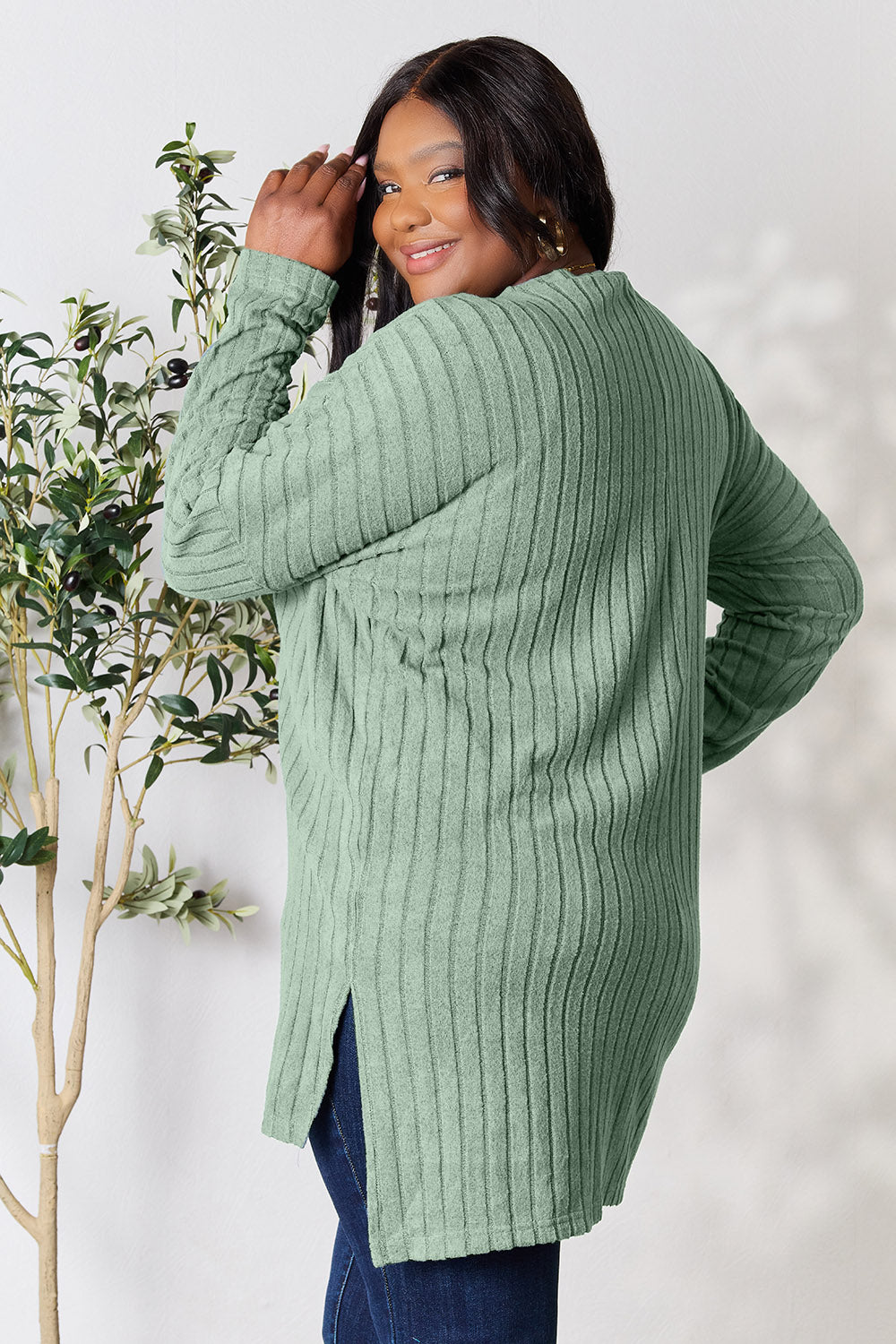 Ribbed Round Neck Long Sleeve Slit Sweater