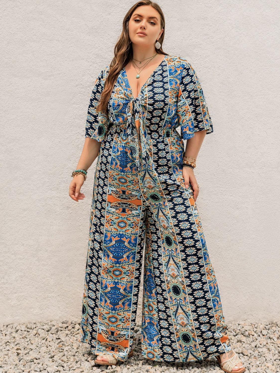 Printed Half Sleeve Wide Leg Jumpsuit
