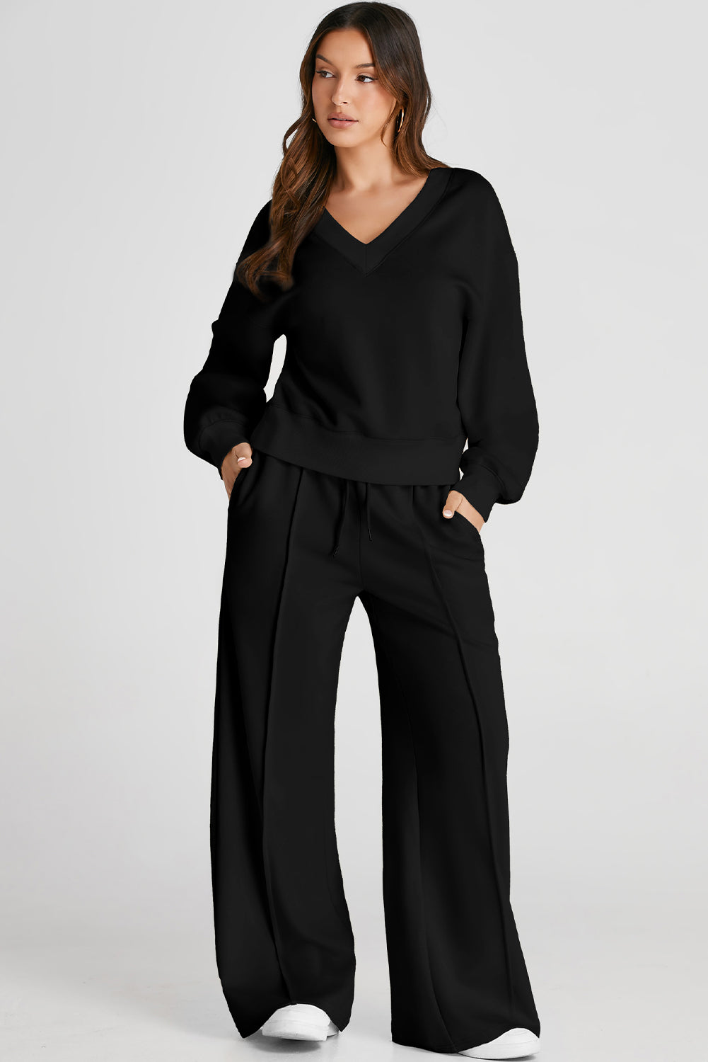 V-Neck Long Sleeve Top and Pants Set