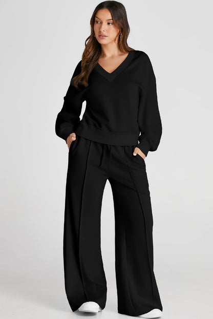 V-Neck Long Sleeve Top and Pants Set