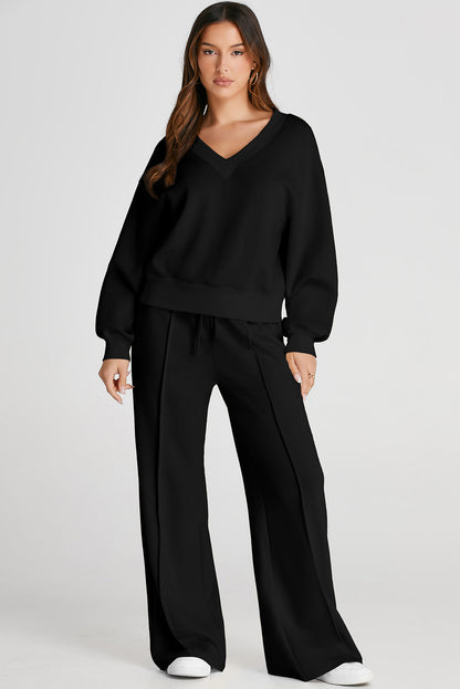 V-Neck Long Sleeve Top and Pants Set