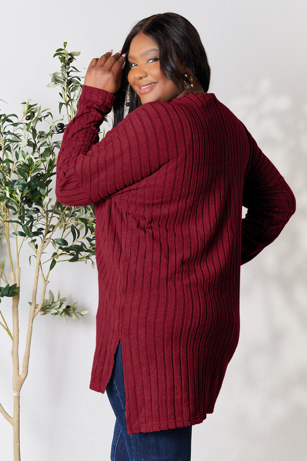 Ribbed Round Neck Long Sleeve Slit Sweater