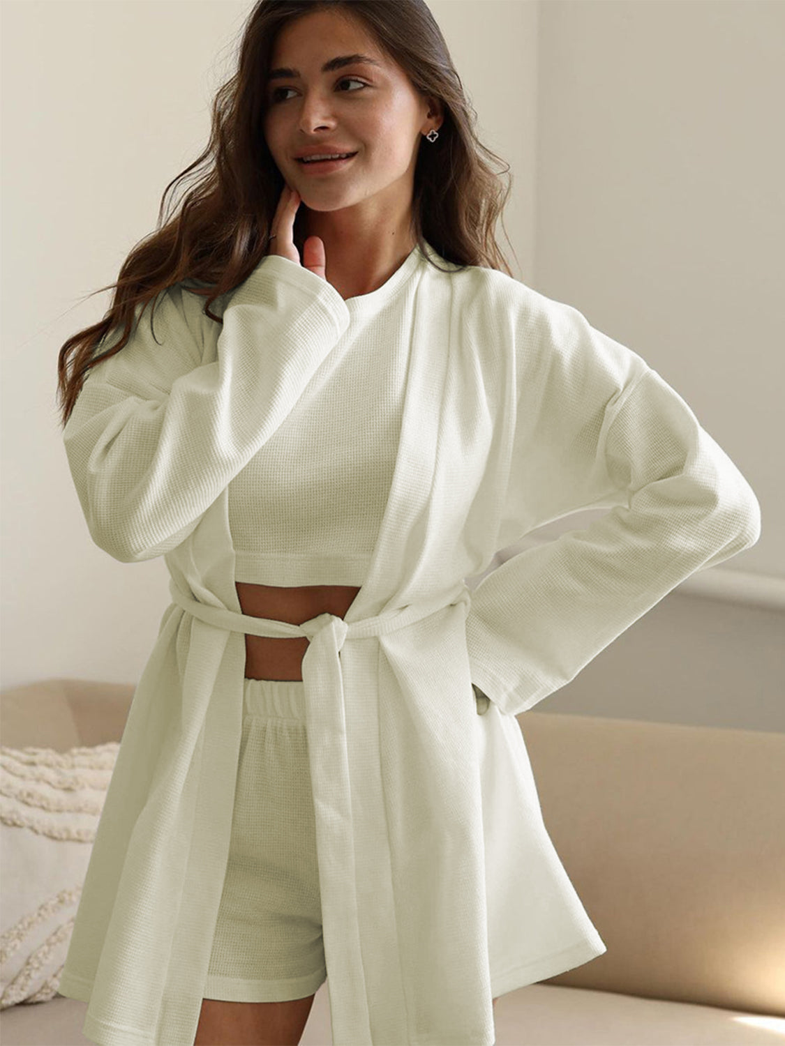 Waffle-Knit Round Neck T-Shirt, Cardigan Shorts Set
