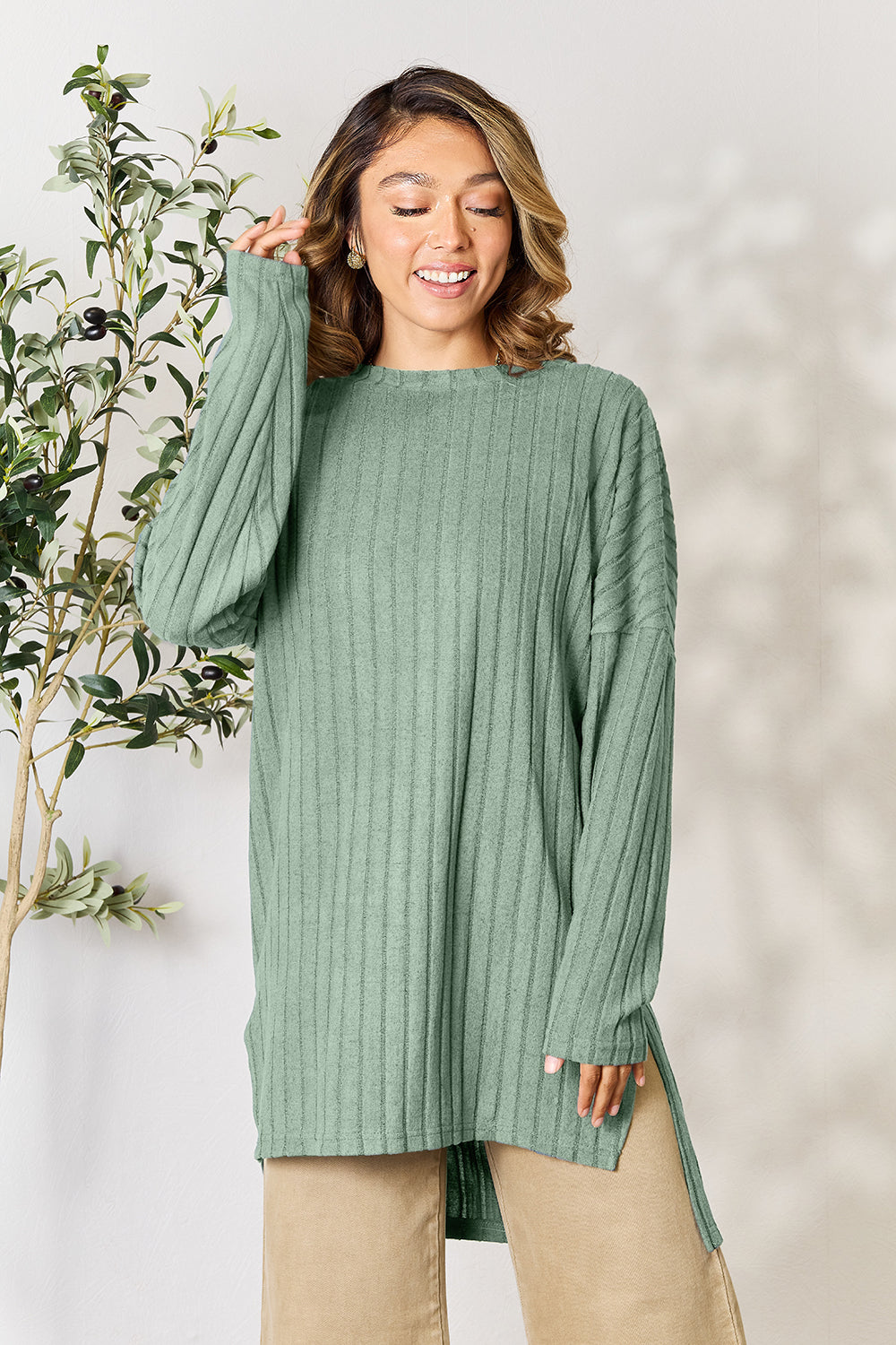 Ribbed Round Neck Long Sleeve Slit Sweater
