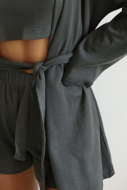 Waffle-Knit Round Neck T-Shirt, Cardigan Shorts Set