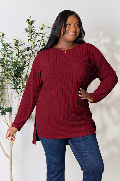 Ribbed Round Neck Long Sleeve Slit Sweater