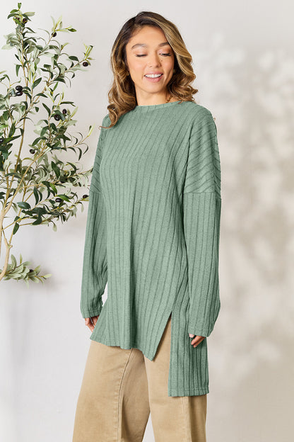 Ribbed Round Neck Long Sleeve Slit Sweater