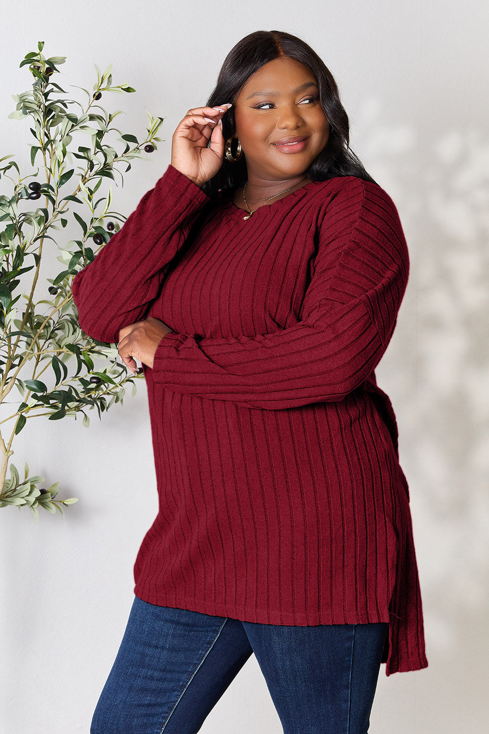 Ribbed Round Neck Long Sleeve Slit Sweater
