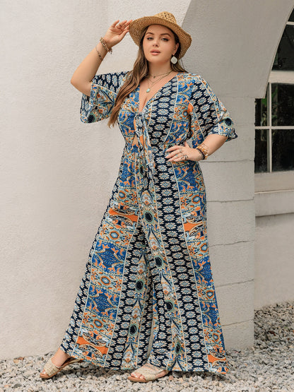Printed Half Sleeve Wide Leg Jumpsuit
