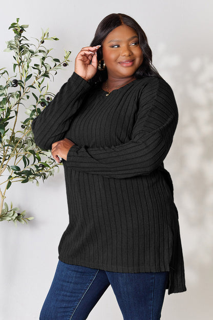 Ribbed Round Neck Long Sleeve Slit Sweater